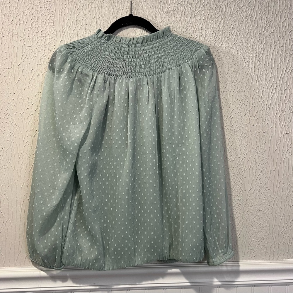 Loft Mint Green Smocked Neck Swiss Dot Romantic Top size small - Picture 11 of 12
